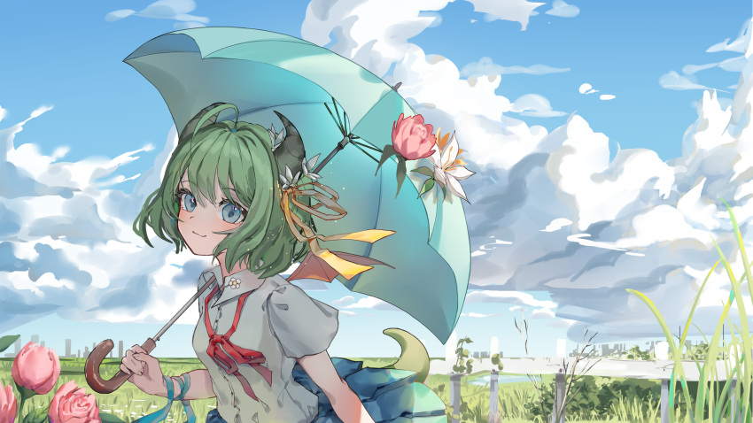 1girl ahoge bangs blue_eyes blue_skirt blue_sky blue_umbrella breasts closed_mouth clouds cloudy_sky collared_shirt commentary day dragon_girl dragon_horns dragon_tail dragon_wings dress_shirt english_commentary fence field flower green_hair hair_between_eyes highres holding holding_umbrella horizon horns kobutanori looking_at_viewer mini_wings neck_ribbon orange_wings original outdoors pink_flower pleated_skirt red_ribbon ribbon shirt short_sleeves skirt sky small_breasts smile solo tail umbrella white_flower wings