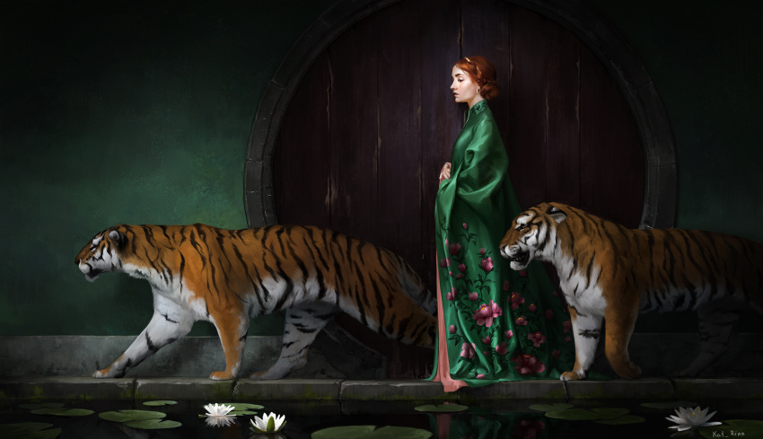 1girl animal character_request copyright_request dress floral_print flower fur green_dress highres kat_rinn lily_pad lotus orange_hair river signature tiger