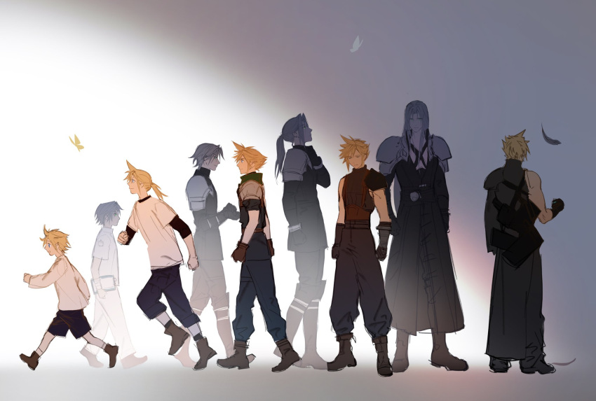 age_progression aged_down armor baggy_pants bangs belt black_gloves black_jacket blonde_hair blue_pants brown_gloves bug butterfly chest_strap cloud_strife facing_away falling_feathers final_fantasy final_fantasy_vii final_fantasy_vii_advent_children final_fantasy_vii_ever_crisis final_fantasy_vii_remake full_body gloves grey_hair highres jacket long_hair long_jacket low_ponytail male_child medium_hair multiple_belts multiple_views pants parted_bangs ponytail scarf sephiroth shirt shirt_under_shirt short_hair shorts shoulder_armor sleeves_rolled_up spiky_hair standing suspenders walking white_shirt xianyu314