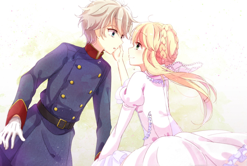 1boy 1girl aldnoah.zero aqua_eyes asseylum_vers_allusia bangs belt black_belt blonde_hair blue_jacket braid buttons closed_mouth collar double-breasted dress eye_contact frilled_dress frills gloves gold_trim gradient gradient_background green_eyes grey_hair hand_on_another's_face hetero jacket juliet_sleeves long_hair long_sleeves looking_at_another military military_jacket military_uniform multicolored_clothes multicolored_jacket parted_lips puffy_sleeves red_collar rirako short_hair slaine_troyard sleeve_cuffs smile two-tone_jacket uniform white_background white_dress white_gloves white_hair