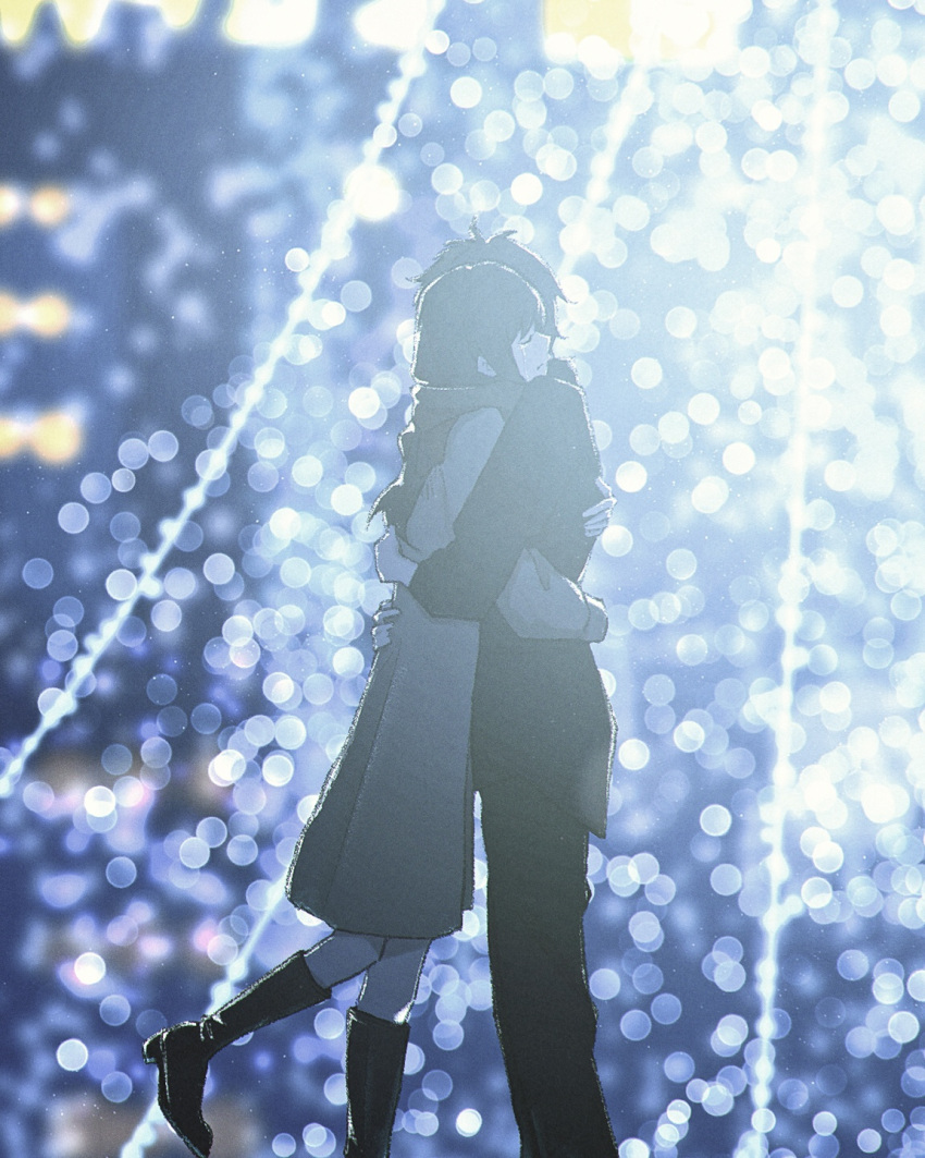 1boy 1girl blurry blurry_background bokeh boots christmas closed_eyes couple depth_of_field hetero highres hug knee_boots oka_kojiro original outdoors scarf teardrop