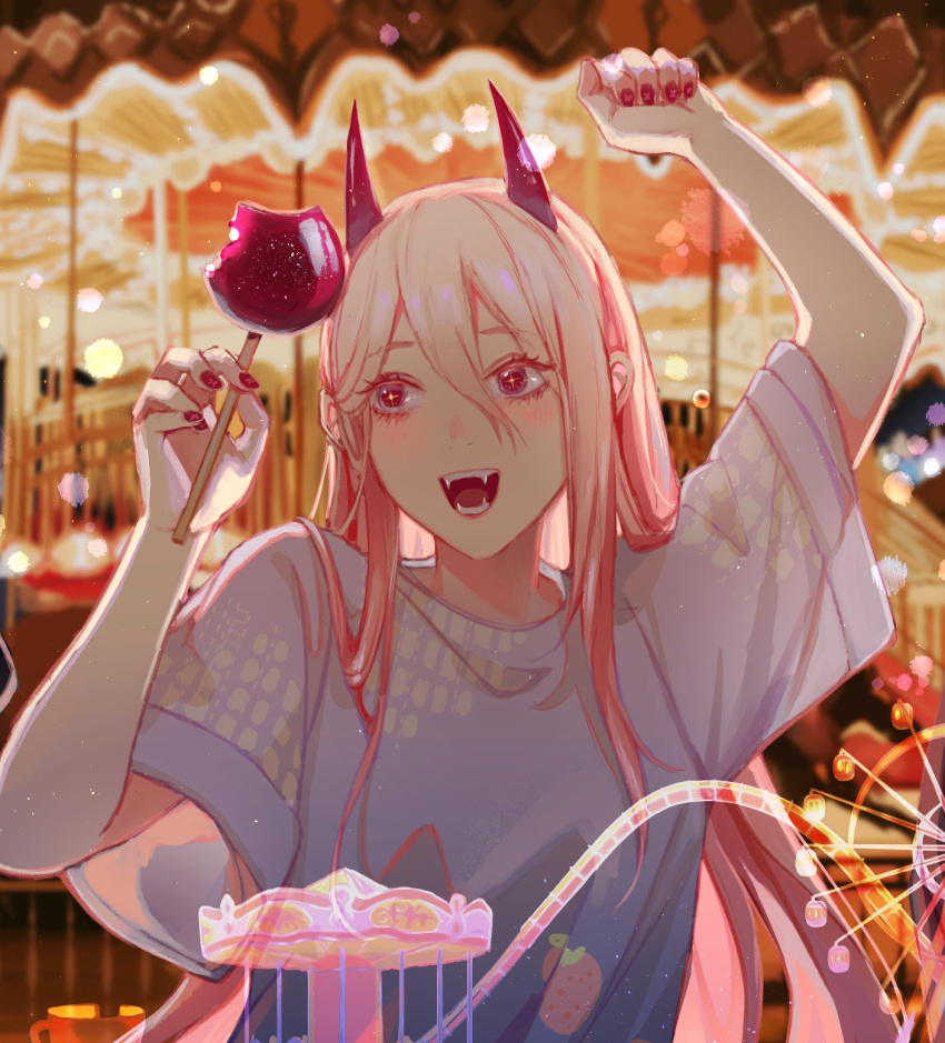 1girl arms_up blurry blurry_background candy_apple carousel chainsaw_man cross-shaped_pupils fangs ferris_wheel food hair_between_eyes highres horns long_hair looking_at_object looking_to_the_side open_mouth pink_hair pinlin power_(chainsaw_man) red_eyes red_horns red_nails roller_coaster sharp_teeth shirt smile solo symbol-shaped_pupils teeth white_shirt