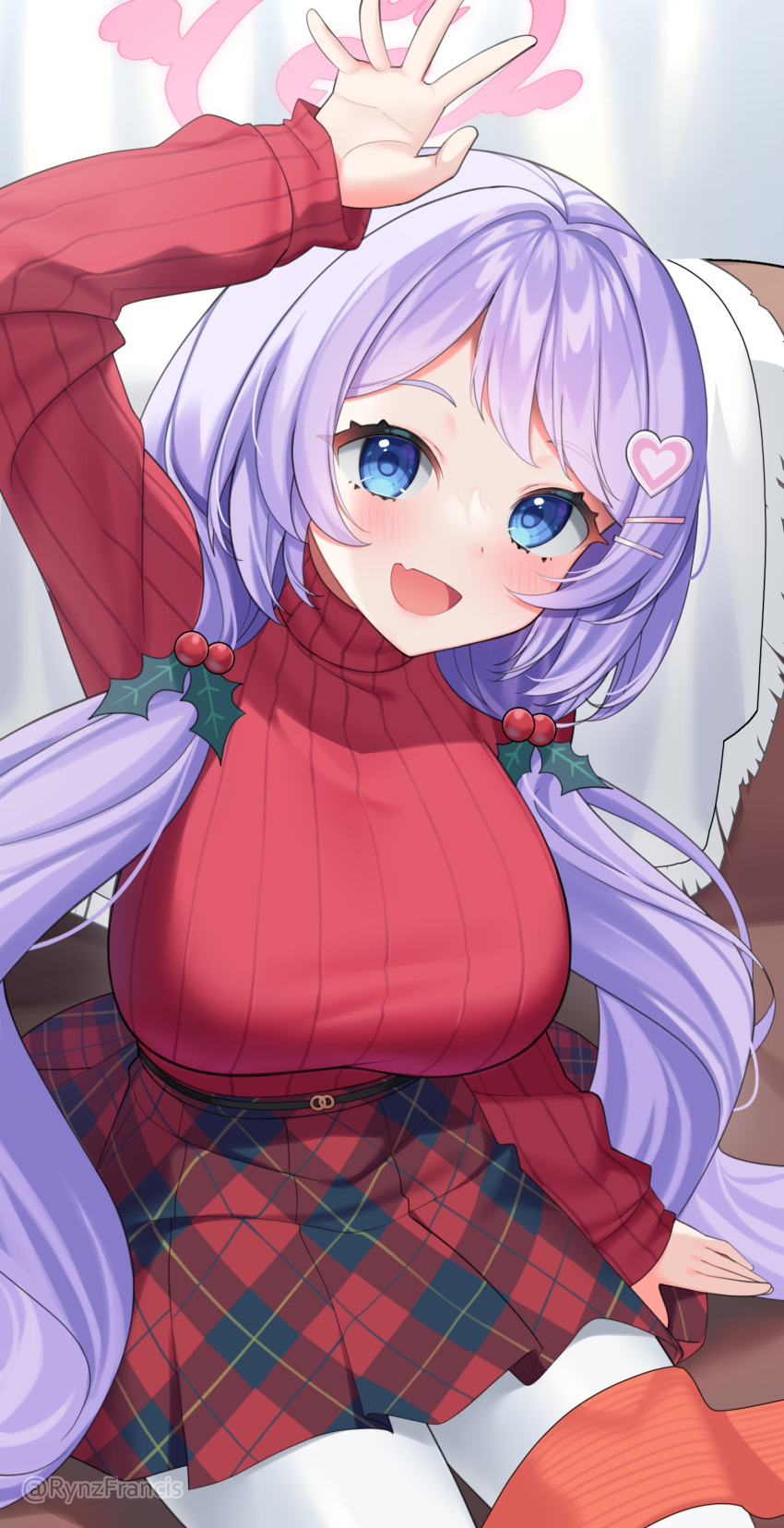 1girl absurdres blue_archive blue_eyes breasts halo hanae_(blue_archive) hanae_(christmas)_(blue_archive) highres large_breasts long_hair pantyhose plaid plaid_skirt purple_hair red_sweater rynzfrancis skirt sweater turtleneck turtleneck_sweater twintails white_pantyhose