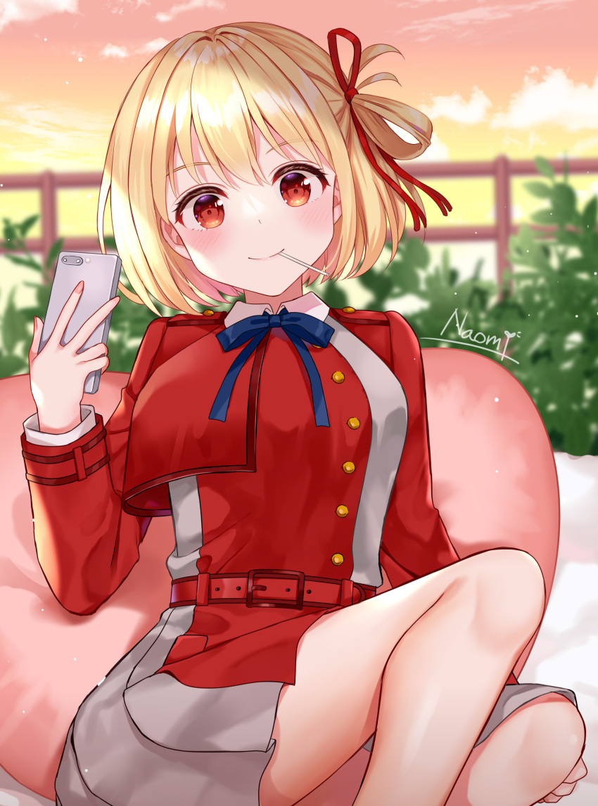 1girl absurdres bangs bob_cut cellphone clouds dress feet_out_of_frame gradient_sky grey_dress hair_ribbon highres looking_at_viewer lycoris_recoil lycoris_uniform mouth_hold naomi_(fantasia) nishikigi_chisato orange_sky phone pleated_dress railing red_dress red_eyes red_ribbon ribbon short_hair sitting sky smile solo two-tone_dress white_hair