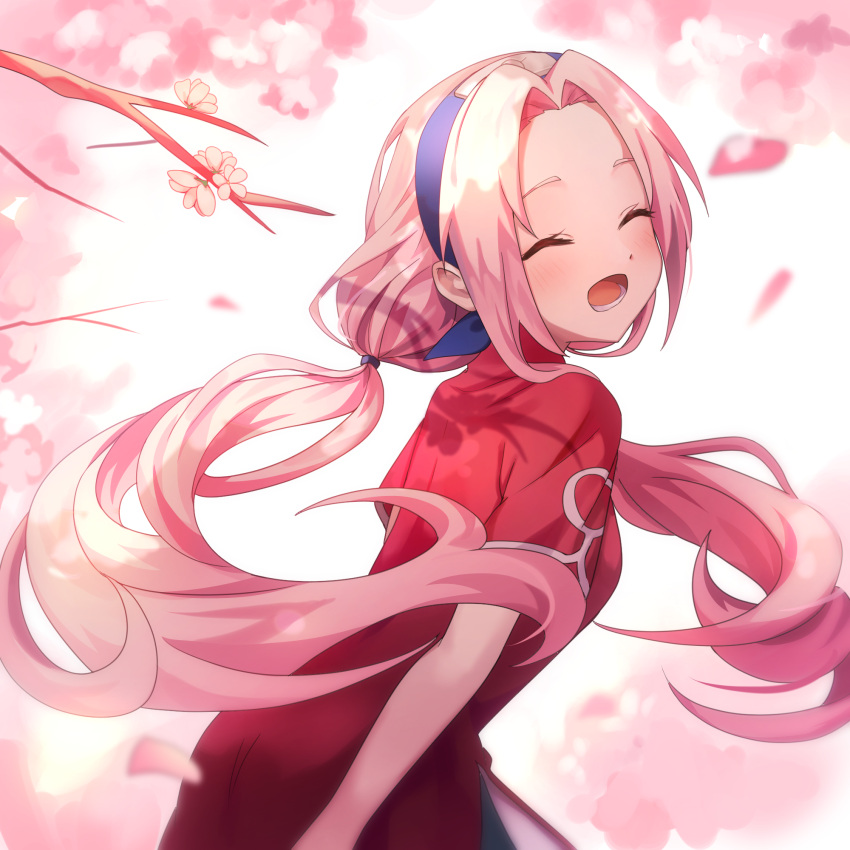 1girl blue_headband cherry_blossoms closed_eyes dress floating_hair from_side haruno_sakura headband highres ille_(xcpa7325) long_hair naruto naruto_(series) open_mouth pink_hair red_dress short_sleeves solo twintails very_long_hair