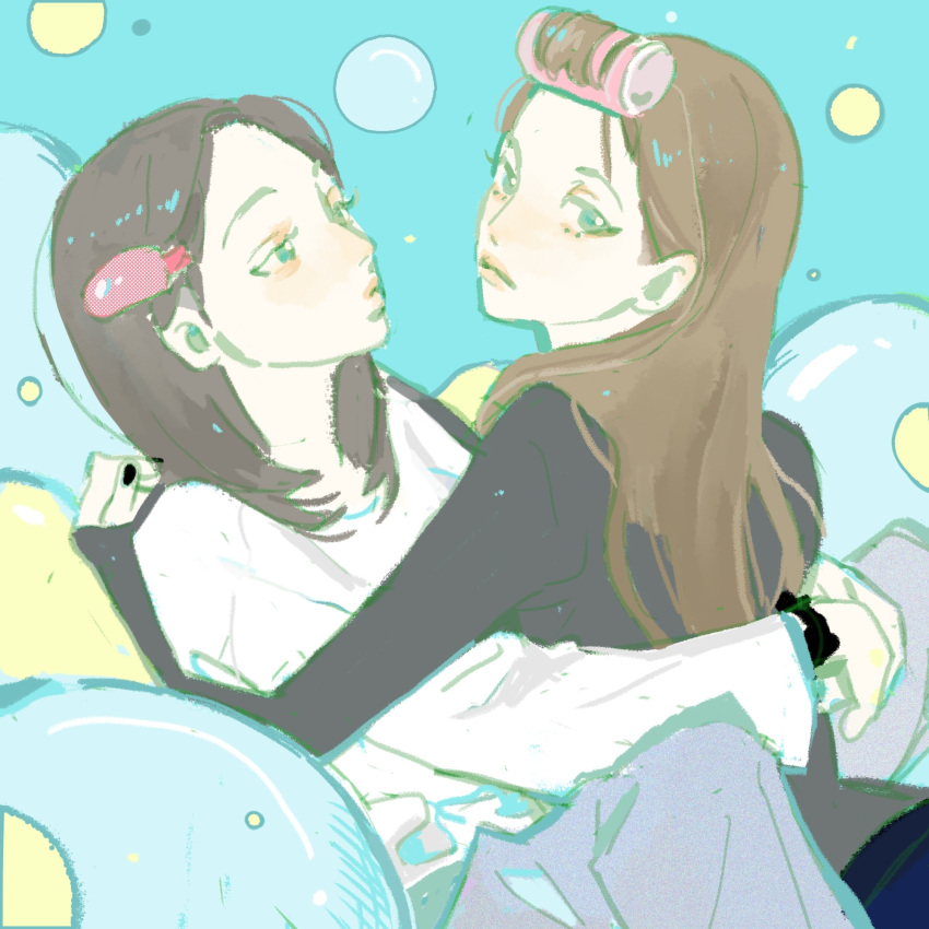 2girls black_hair black_shirt blue_background blue_eyes blue_pants brown_hair bubble hair_behind_ear hair_rollers highres hug k-pop light_frown long_hair long_sleeves looking_at_another looking_at_viewer medium_hair mina_(twice) multiple_girls pants qiao_nan_1028_hao real_life realistic sana_(twice) shirt sitting sleeves_past_wrists twice_(group) white_shirt yuri