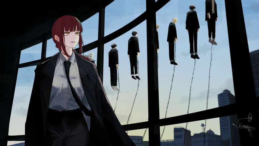 1girl 6+boys bangs black_coat black_footwear black_hair black_necktie black_pants blue_sky braid braided_ponytail building business_suit chain chainsaw_man coat collared_shirt commentary cowboy_shot dress_shirt facing_viewer floating formal full_body highres indoors kumah_dessu long_coat looking_afar makima_(chainsaw_man) medium_hair multiple_boys necktie open_clothes open_coat pants redhead ringed_eyes shirt shirt_tucked_in short_hair sidelocks signature sky standing suit white_hair white_shirt yellow_eyes