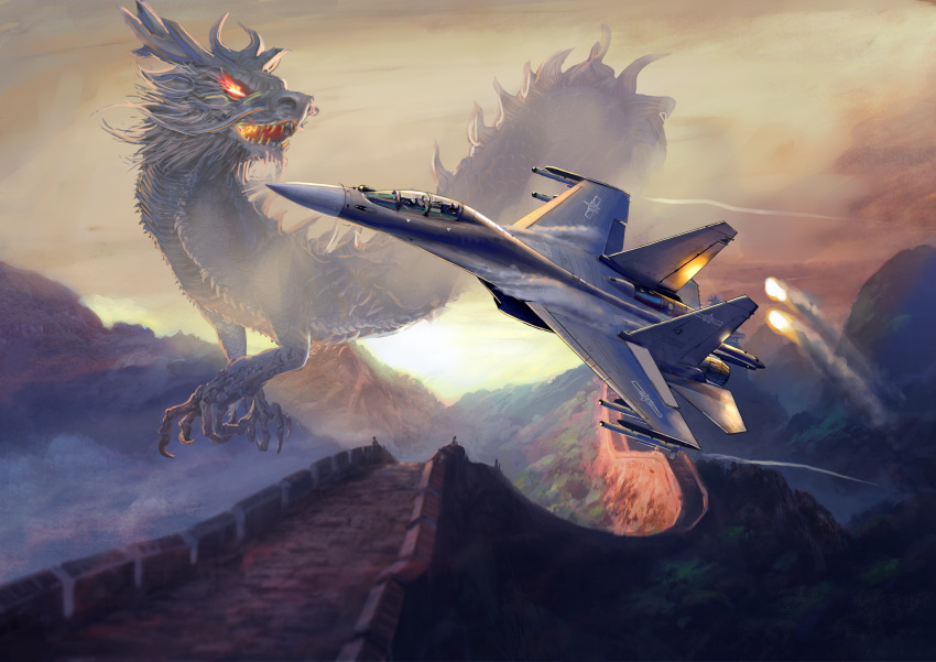 2others absurdres aircraft airplane ambiguous_gender canopy_(aircraft) china clouds dragon eastern_dragon fantasy fighter_jet flare flying great_wall_of_china highres insignia j-16 jet military military_vehicle mirroraptor missile mountain multiple_others original people's_liberation_army people's_liberation_army_air_force twilight vehicle_focus