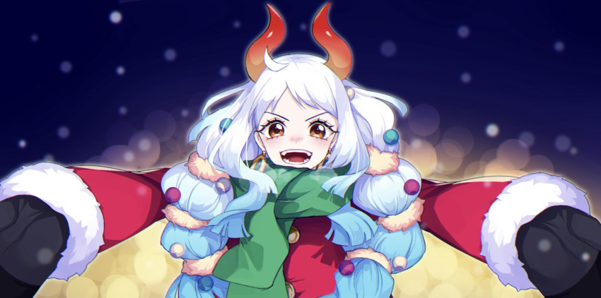 1girl :d alternate_costume aqua_hair black_gloves brown_eyes christmas commentary_request crazy_otama earrings eyelashes gloves gradient gradient_background gradient_hair happy highres horns jewelry long_hair looking_at_viewer multicolored_hair one_piece open_mouth ponytail santa_costume scarf smile solo white_hair yamato_(one_piece)