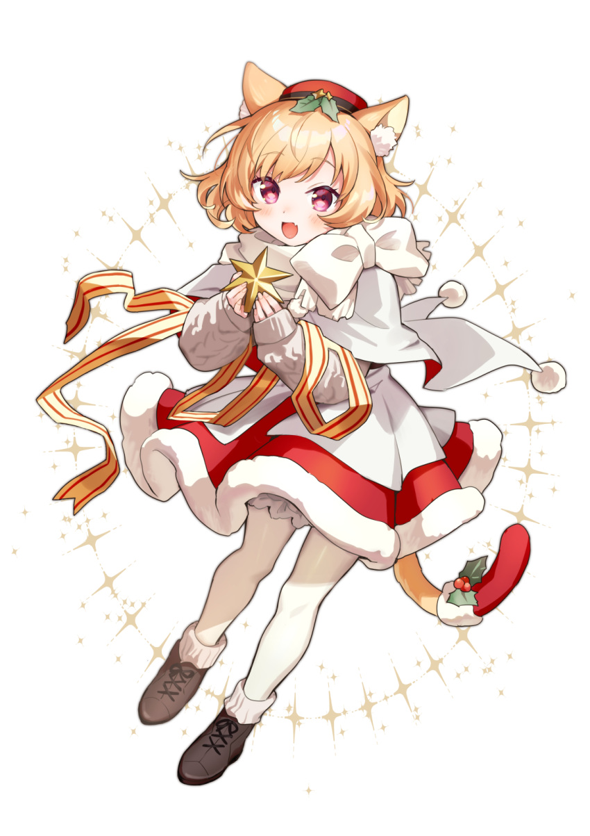 1girl :d animal_ears blonde_hair brown_footwear cat_ears cat_girl cat_tail christmas fang full_body fur-trimmed_skirt fur_trim highres long_sleeves original pantyhose pink_hair red_skirt ribbon sakuro scarf short_hair skin_fang skirt sleeves_past_wrists smile star_ornament sweater tail white_pantyhose white_scarf white_sweater