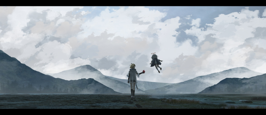 2girls absurdres alternate_costume blonde_hair capelet clouds cloudy_sky day dress floating genshin_impact grass halo highres icyee lumine_(genshin_impact) mountain multiple_girls outdoors paimon_(genshin_impact) scenery shoes shorts sky very_wide_shot white_dress white_hair