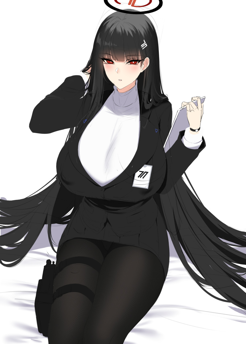 1girl absurdres black_hair black_jacket blue_archive breasts chixiao halo highres huge_breasts id_card jacket long_hair red_eyes rio_(blue_archive) sitting solo sweater turtleneck turtleneck_sweater unfinished watch watch white_sweater