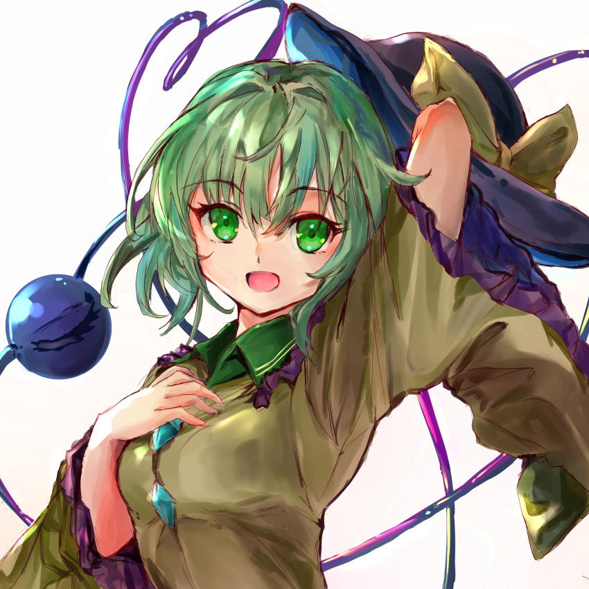 1girl absurdres arm_behind_head bangs black_headwear breasts buttons collar diamond_button dot_nose eyelashes frilled_collar frilled_sleeves frills green_collar green_eyes green_hair hair_between_eyes hand_on_own_chest hat hat_ribbon headwear_removed heart heart_of_string highres ikazuchi_akira komeiji_koishi long_sleeves looking_at_viewer open_mouth ribbon shirt short_hair sidelocks simple_background small_breasts smile solo third_eye touhou wavy_hair white_background wide_sleeves yellow_ribbon yellow_shirt