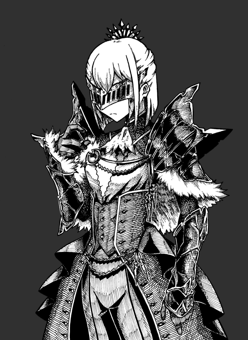 1girl arm_at_side asymmetrical_bangs bangs blunt_ends chain closed_mouth coat collared_shirt covered_eyes cowboy_shot face_shield gloves grey_background greyscale hair_ornament hand_up harumayago hatching_(texture) highres izumi_kanagi izumi_kanagi_(tokoyami_ver.) jabot long_sleeves magia_record:_mahou_shoujo_madoka_magica_gaiden mahou_shoujo_madoka_magica monochrome official_alternate_costume pants shirt short_hair simple_background single_sidelock solo split_mouth straight_hair