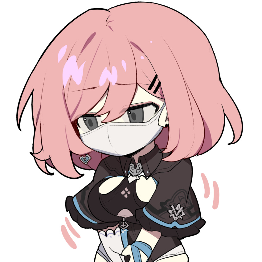 1girl bangs black_leotard bob_cut breasts gloves grey_eyes highres honkai_(series) honkai_impact_3rd large_breasts leotard mask mouth_mask official_art pink_hair short_hair single_glove solo timido_cute transparent_background upper_body white_gloves