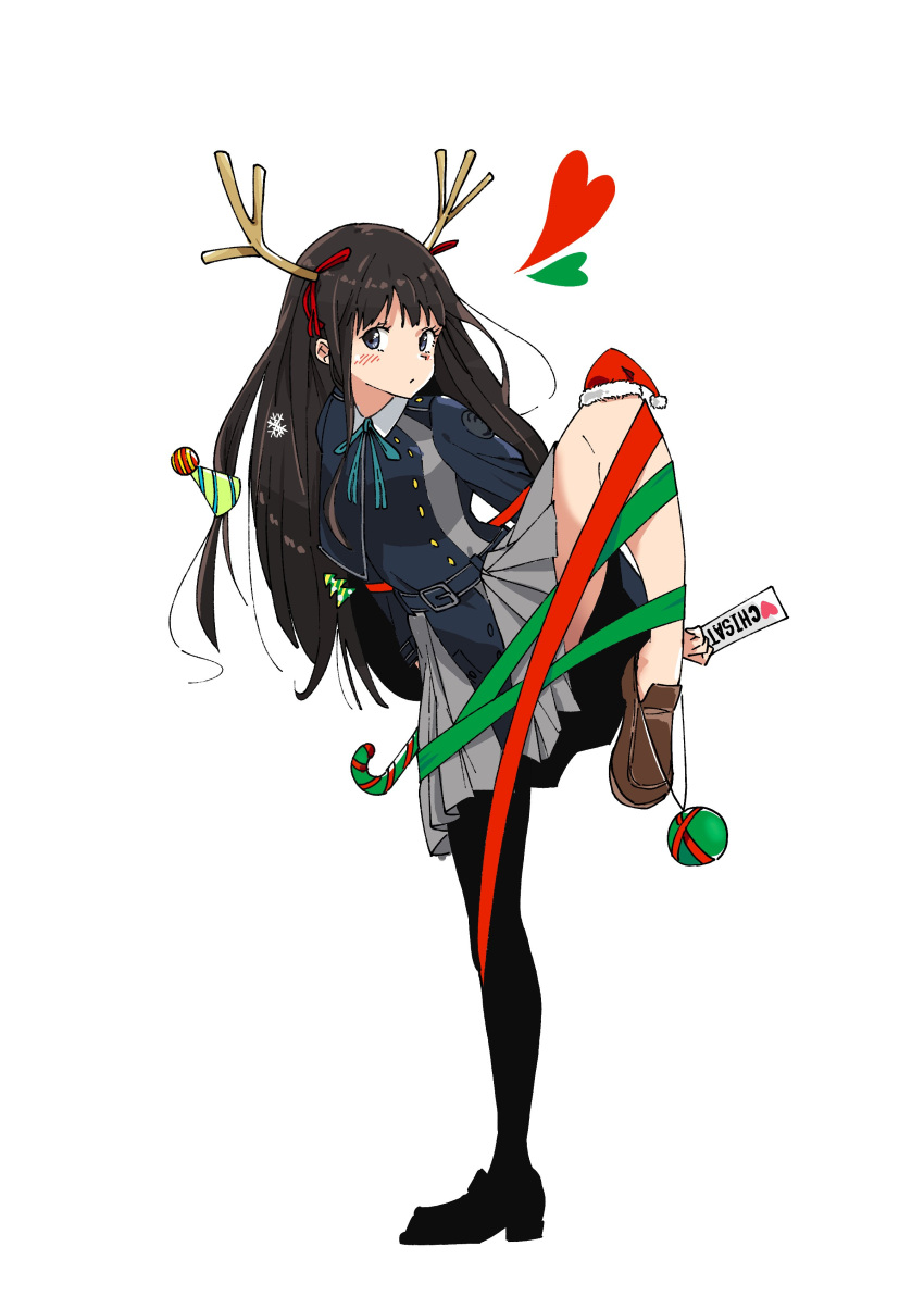 1girl absurdres antlers asymmetrical_footwear bangs black_eyes black_footwear black_hair black_thighhighs blue_dress blue_ribbon blush brown_footwear card christmas_ornaments closed_mouth collared_dress commentary dress fake_antlers grey_dress hat heart highres holding holding_card inoue_takina leg_up loafers long_hair looking_at_viewer lycoris_recoil lycoris_uniform mini_hat mini_santa_hat mismatched_footwear misskiwi neck_ribbon no_socks pantyhose party_hat pleated_dress reindeer_antlers ribbon santa_hat shoes simple_background single_thighhigh solo standing straight_hair thigh-highs two-tone_dress white_background