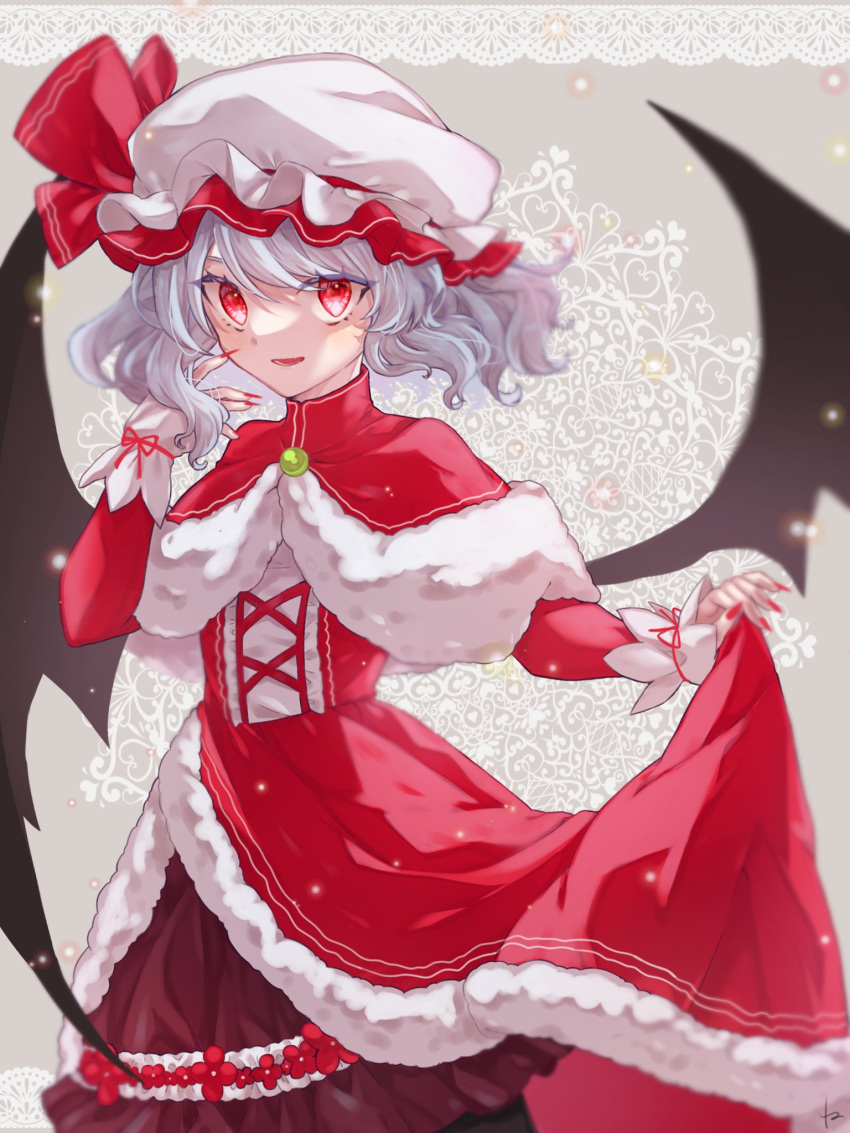 1girl bat_wings blue_hair capelet commentary_request dress fur-trimmed_capelet fur_trim hat hat_ribbon highres komori_(komo_ricecake) mob_cap red_capelet red_dress red_eyes red_ribbon remilia_scarlet ribbon santa_dress short_hair skirt_hold solo touhou wavy_hair white_headwear wings