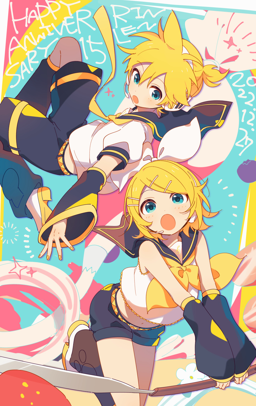 1boy 1girl 4_(nakajima4423) :o absurdres black_sailor_collar black_shorts blonde_hair blue_background blush bow brother_and_sister commentary crop_top dated detached_sleeves english_text food fruit full_body green_eyes hair_bow hair_ornament hairclip headset highres holding kagamine_len kagamine_rin leg_warmers looking_at_another looking_at_viewer midriff neckerchief open_mouth oversized_object sailor_collar shirt shorts siblings simple_background sleeves_past_wrists strawberry twins vocaloid white_background white_bow white_shirt yellow_neckerchief