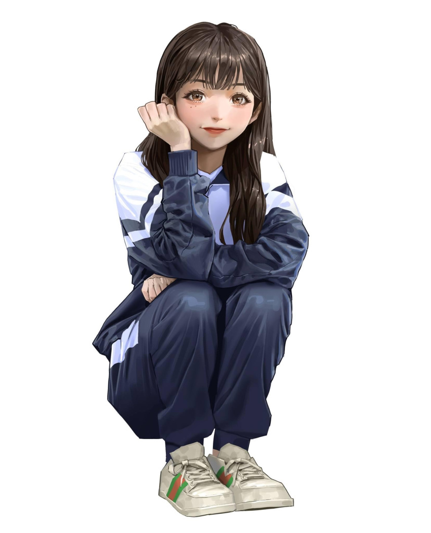 1girl brown_eyes brown_hair copyright_request heo_sung-moo highres light_smile looking_at_viewer mole mole_under_eye shoes simple_background smile sneakers squatting track_suit white_background white_footwear