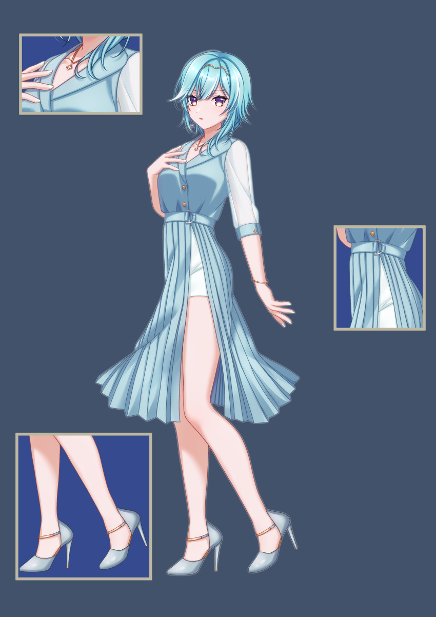 1girl absurdres alternate_costume aqua_hair blue_dress blue_hair breasts dress eula_(genshin_impact) genshin_impact hairband high_heels highres pochimaru_(marumaru_wanwan) solo violet_eyes