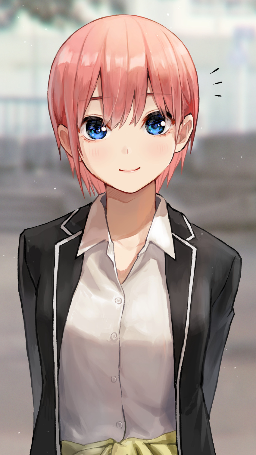 1girl absurdres bangs black_jacket blazer blue_eyes blurry blurry_background buttons closed_mouth clothes_around_waist collared_shirt commentary_request go-toubun_no_hanayome highres ishiyuki jacket looking_at_viewer nakano_ichika open_clothes open_jacket pink_hair school_uniform shirt short_hair smile solo sweater sweater_around_waist upper_body white_shirt winter_uniform yellow_sweater