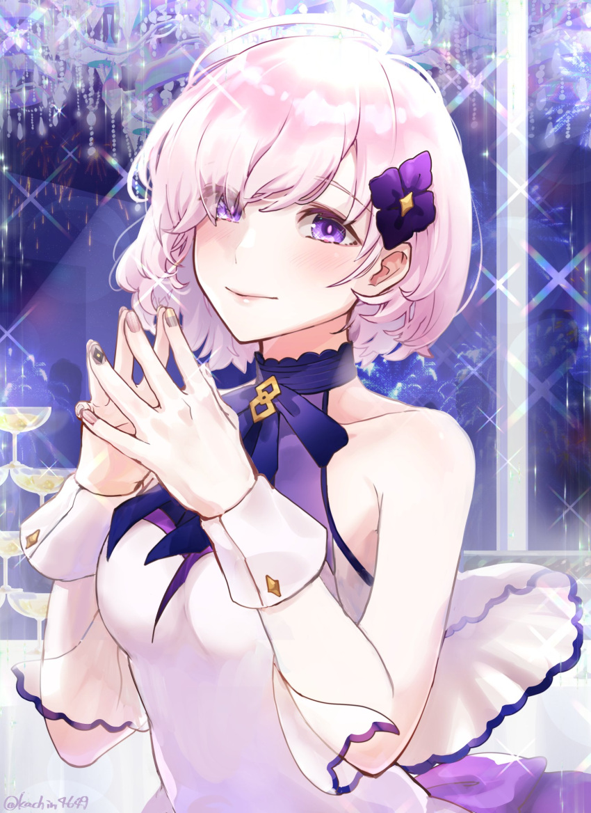 1girl bare_shoulders black_ribbon blush closed_mouth collarbone commentary_request dress eyes_visible_through_hair fate/grand_order fate_(series) fingernails hair_ornament hair_over_one_eye highres kachin light_purple_hair looking_at_viewer mash_kyrielight mash_kyrielight_(under_the_same_sky) neck_ribbon official_alternate_costume own_hands_together ribbon see-through short_hair smile solo twitter_username violet_eyes wrist_cuffs