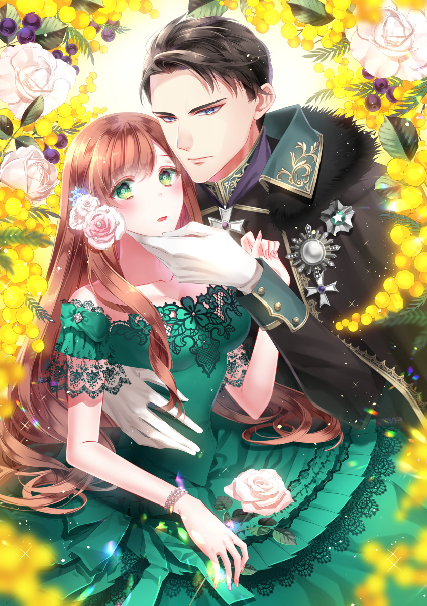 1boy 1girl absurdres araragi_soushi black_hair blush brown_hair dress eye_contact flower formal fur_trim gloves green_dress green_eyes grey_suit hair_flower hair_ornament hetero highres holding holding_flower jewelry lipstick long_hair long_sleeves looking_at_another looking_at_viewer makeup medal necklace official_art original parted_lips short_hair suit very_long_hair violet_eyes white_background white_gloves wristband