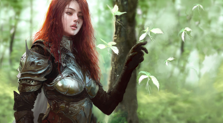 1girl armor brown_eyes bug bush butterfly copyright_request european_clothes forest green_butterfly jerrypark long_hair looking_at_viewer nature open_mouth original realistic redhead tree