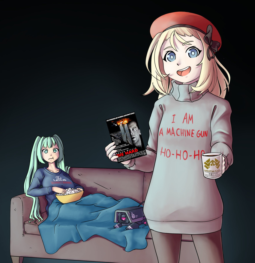 2girls bangs beret blanket blonde_hair blue_eyes breasts couch cup die_hard dinergate_(girls'_frontline) eating food girls_frontline green_eyes green_hair hair_ribbon hat highres holding holding_cup large_breasts long_hair looking_at_viewer lying micro_uzi_(girls'_frontline) mp5_(girls'_frontline) multiple_girls open_mouth pantyhose popcorn ribbon short_hair simple_background small_breasts smile standing the_sourkraut turtleneck twintails