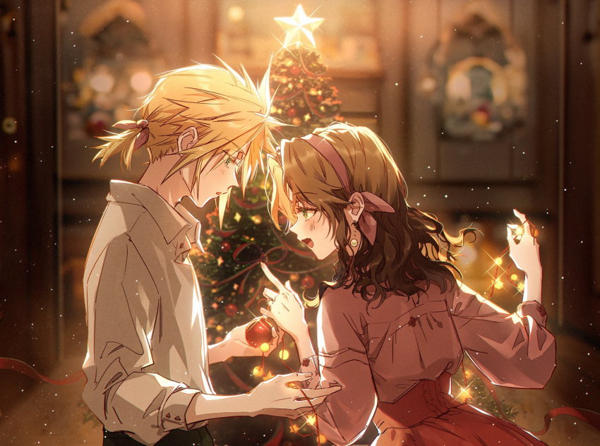 1boy 1girl aerith_gainsborough alternate_costume alternate_hairstyle bangs black_pants blue_eyes blurry blurry_background blush christmas christmas_tree cloud_strife collared_shirt earrings final_fantasy final_fantasy_vii final_fantasy_vii_remake green_eyes hair_between_eyes hair_ribbon hairband holding_ornament jewelry kieta long_sleeves looking_at_another low_ponytail medium_hair open_mouth pants parted_bangs pink_hairband pink_shirt puffy_long_sleeves puffy_sleeves red_skirt ribbon shirt sidelocks skirt sleeves_rolled_up smile spiky_hair upper_body w_arms wavy_hair white_shirt