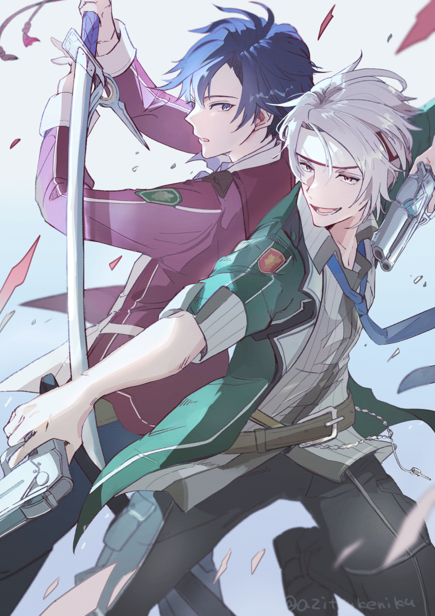 2boys azitsukeniku back-to-back blue_hair crow_armbrust dual_wielding eiyuu_densetsu gun handgun headband highres holding holding_gun holding_sword holding_weapon katana loose_necktie multiple_boys necktie pants rean_schwarzer school_uniform sen_no_kiseki simple_background sleeves_rolled_up sword thors_military_academy_class_vii_uniform thors_military_academy_school_uniform violet_eyes weapon white_hair yellow_eyes