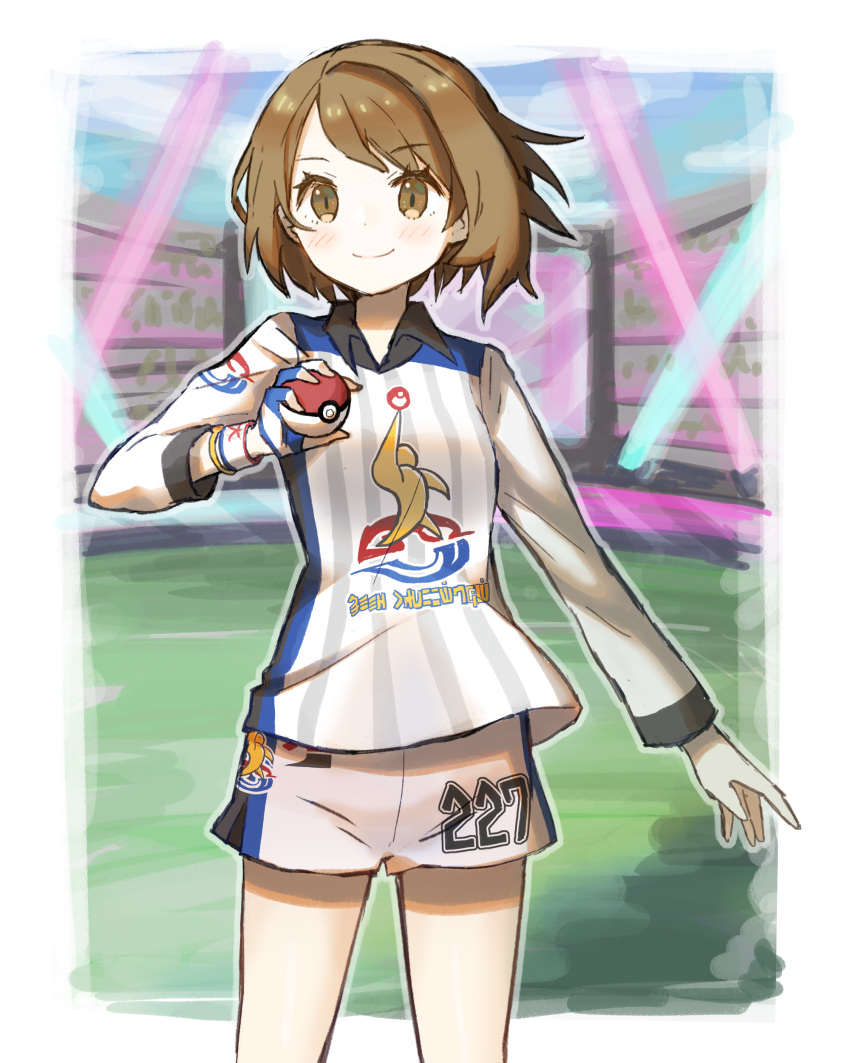 1girl absurdres bracelet brown_eyes brown_hair commentary_request cowboy_shot gloria_(pokemon) gym_challenge_uniform highres holding holding_poke_ball jewelry peppedayo_ne poke_ball poke_ball_(basic) pokemon pokemon_(game) pokemon_swsh shorts single_glove smile soli stadium