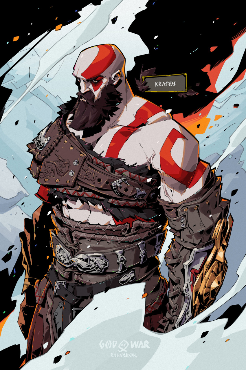 1boy absurdres armor bald beard belt character_name copyright_name elbow_gloves facial_hair facial_tattoo gloves god_of_war hades_(series) highres kratos leather looking_ahead muscular muscular_male mustache patrick_ganas shoulder_tattoo single_bare_shoulder tattoo topless_male