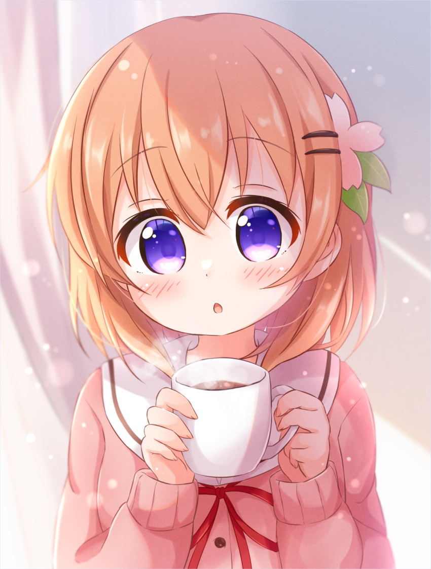 1girl :o araki495 bangs blush brown_hair cardigan commentary_request cup curtains gochuumon_wa_usagi_desu_ka? hair_between_eyes hair_ornament hairclip hands_up highres holding holding_cup hoto_cocoa long_sleeves mug neck_ribbon parted_lips pink_cardigan puffy_long_sleeves puffy_sleeves red_ribbon revision ribbon sailor_collar sleeves_past_wrists solo steam upper_body violet_eyes white_sailor_collar