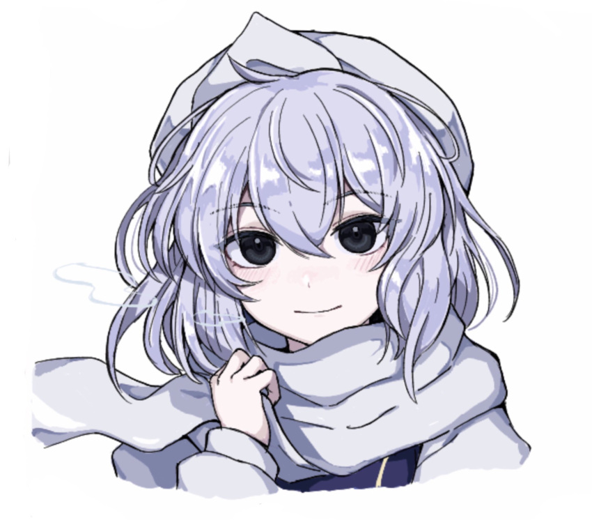 1girl bangs black_eyes closed_mouth highres letty_whiterock light_purple_hair looking_at_viewer scarf short_hair simple_background smile solo touhou upper_body white_background white_headwear white_scarf yonoisan