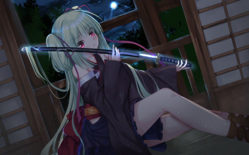 1girl architecture bangs bare_shoulders black_sleeves blue_kimono blunt_bangs breasts clouds cloudy_sky cross-laced_footwear detached_sleeves dot_nose east_asian_architecture expressionless eyelashes full_moon glowing glowing_sword glowing_weapon green_hair hair_between_eyes hair_ribbon head_tilt highres hime_cut holding holding_sword holding_weapon indoors japanese_clothes katana kimono leg_up light_blush long_hair long_sleeves looking_at_viewer moon moonlight murasame_(senren) night nodoameyatou on_floor purple_ribbon red_eyes red_ribbon red_sash ribbon sash senren_banka shadow sheath short_kimono sidelocks sitting sky small_breasts solo straight_hair sword tree two_side_up very_long_hair weapon wide_sleeves