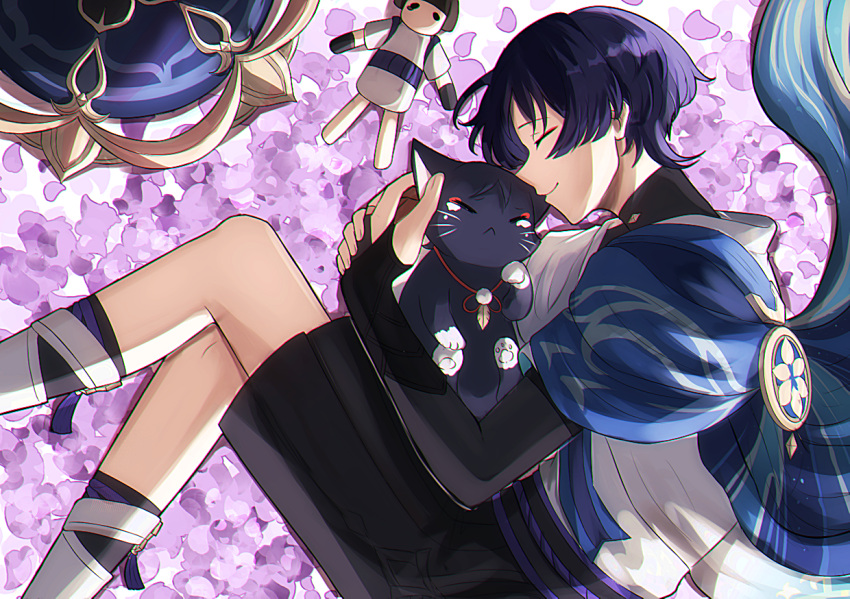 1boy animal_ears animal_hands armor bangs black_hair black_shorts blunt_ends cat cat_ears cat_paws closed_eyes doll english_commentary eyeshadow fingernails genshin_impact hat japanese_armor japanese_clothes jingasa kote makeup male_focus red_eyeshadow rii-ra scaramouche_(genshin_impact) short_hair shorts sleeping smile wanderer_(genshin_impact) whiskers