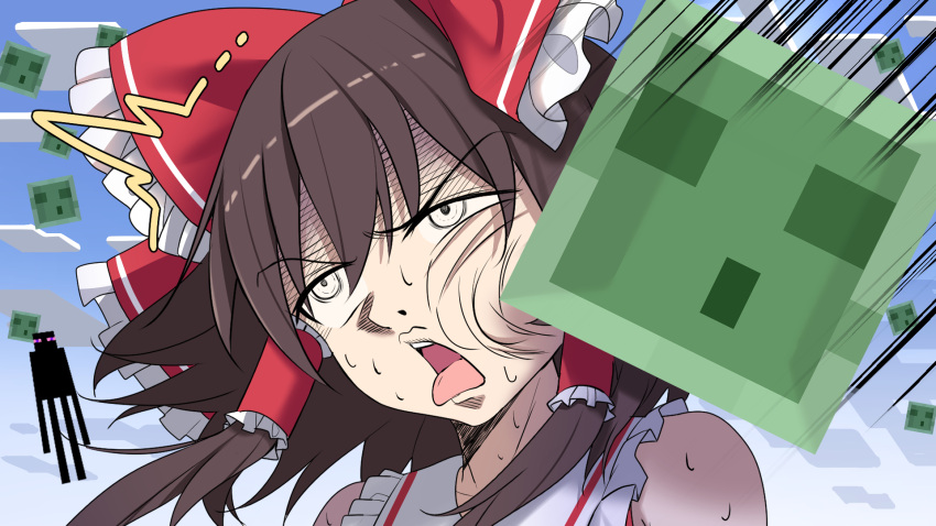 1girl attack bow brown_hair clouds cloudy_sky commentary_request crossover detached_sleeves e.o. enderman hair_ornament hakurei_reimu highres japanese_clothes miko minecraft red_bow sky slime_(minecraft) speed_lines sweat tongue tongue_out touhou