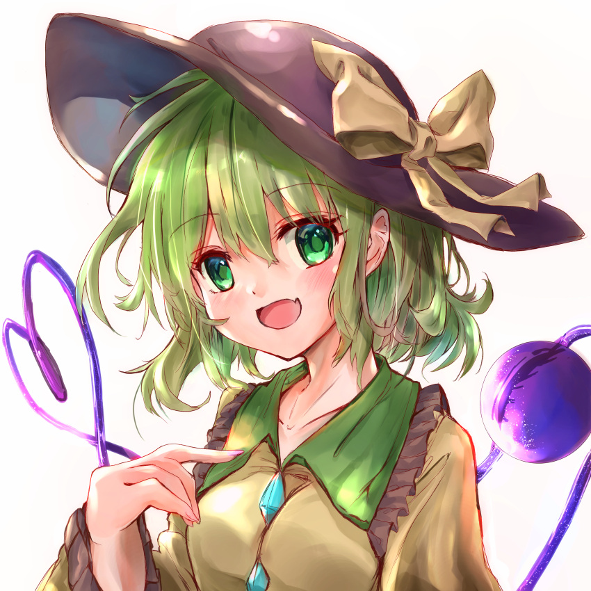 1girl absurdres bangs black_headwear blush breasts buttons collar collarbone diamond_button eyelashes fang frilled_collar frilled_sleeves frills fringe_trim green_collar green_eyes green_hair hair_between_eyes hat hat_ribbon heart heart_of_string highres ikazuchi_akira komeiji_koishi long_sleeves looking_at_viewer open_mouth pointing pointing_at_self purple_nails ribbon shirt short_hair sidelocks simple_background small_breasts smile solo third_eye touhou wavy_hair white_background wide_sleeves yellow_ribbon yellow_shirt