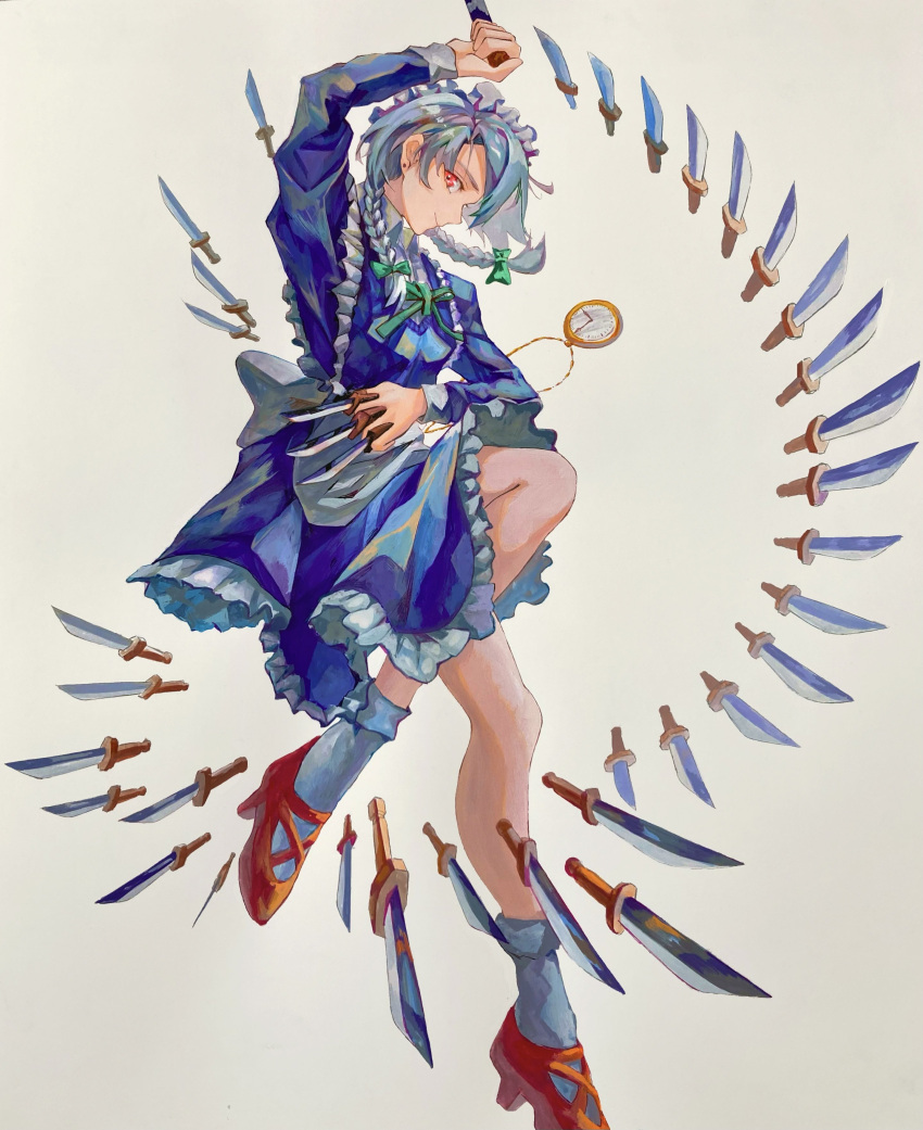 1girl absurdres arm_up bow braid dagger danmaku dress frills green_bow grey_background highres holding holding_knife izayoi_sakuya knee_up knife long_sleeves looking_at_viewer maid_headdress pocket_watch profile red_eyes sideways_glance solo touhou twin_braids uten_kkk watch weapon