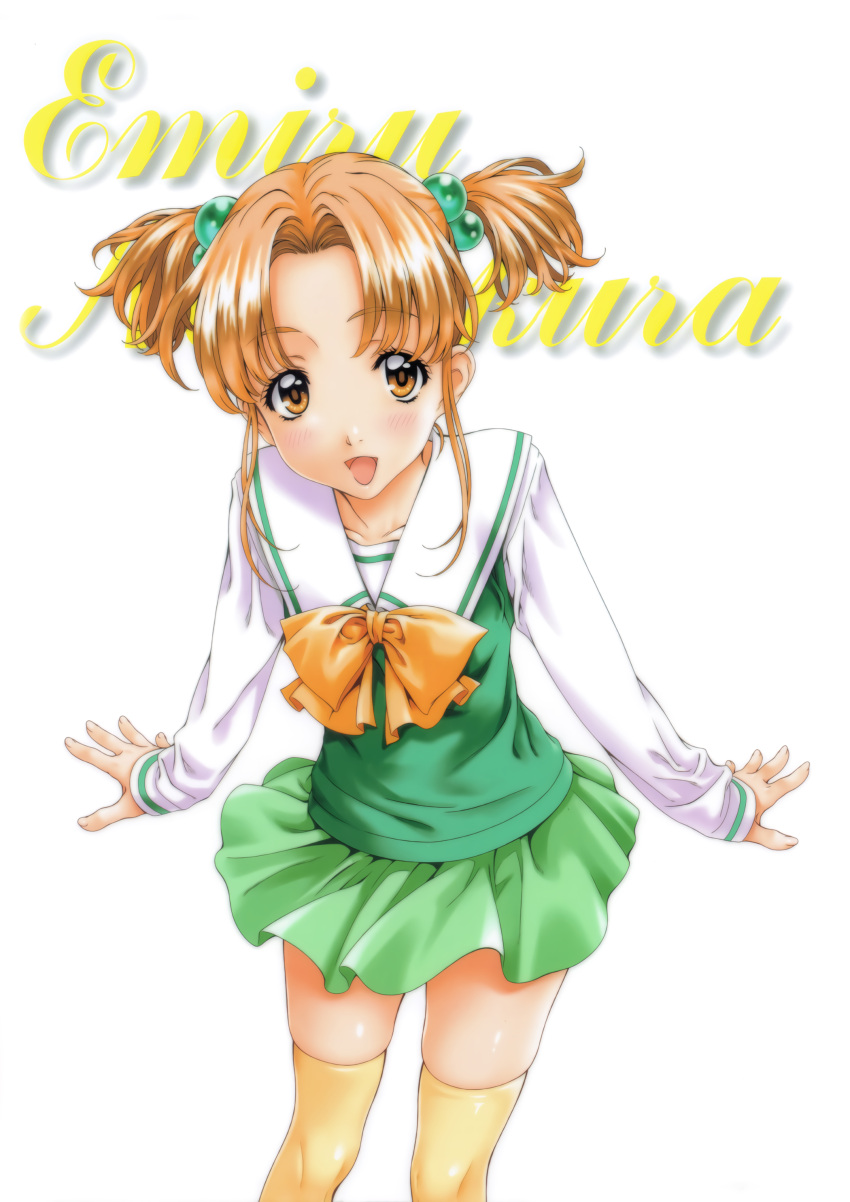 1990s_(style) 1girl absurdres brown_eyes brown_hair character_name cursive feet_out_of_frame green_skirt hair_bobbles hair_ornament highres kai_tomohisa long_sleeves looking_at_viewer miniskirt nagakura_emiru non-web_source official_art open_mouth retro_artstyle sentimental_graffiti short_twintails simple_background skirt solo thigh-highs twintails white_background yellow_thighhighs zettai_ryouiki