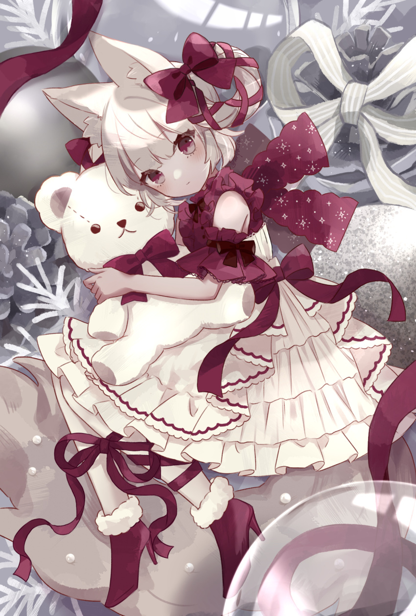 1girl animal_ears bangs bare_shoulders blush bow cat_ears christmas closed_mouth dress frilled_dress frills full_body fur-trimmed_footwear grey_hair hair_bow highres holding holding_stuffed_toy lolita_fashion looking_at_viewer lying myaco9 off-shoulder_dress off_shoulder on_side original red_bow red_eyes red_footwear red_frills red_ribbon ribbon short_hair sidelocks solo star_(symbol) star_print stuffed_animal stuffed_toy teddy_bear white_hair