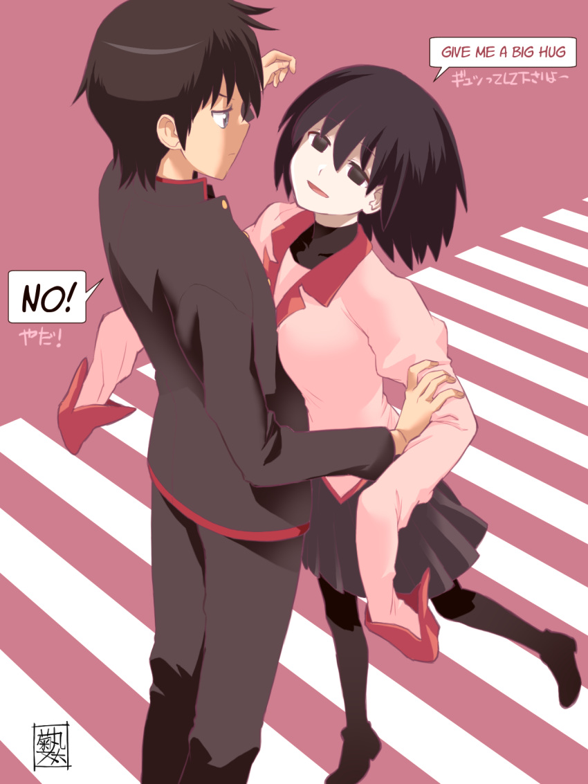 1boy 1girl araragi_koyomi artist_name bangs black_eyes black_footwear black_hair black_jacket black_pants black_pantyhose black_skirt black_undershirt bob_cut closed_mouth collarbone commentary crosswalk dress_shirt empty_eyes english_text eye_contact face-to-face from_above gakuran hair_between_eyes hand_on_another's_arm height_difference highres imminent_hug jacket kikumaru_bunta leaning_on_person looking_at_another looking_up mixed-language_text monogatari_(series) multilingual naoetsu_high_school_uniform oshino_ougi pale_skin pants pantyhose parted_lips pink_background pink_shirt pleated_skirt puffy_sleeves pushing_away raised_eyebrows school_uniform shirt short_hair signature skirt sleeves_past_fingers sleeves_past_wrists smile speech_bubble translated turtleneck v-shaped_eyebrows walking