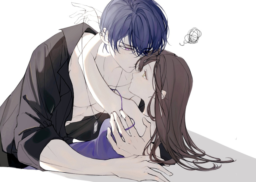 1boy 1girl abs bangs black_shirt brown_hair closed_mouth dog_tags feernze19 green_eyes highres hug long_hair looking_at_another lying marius_von_hagen_(tears_of_themis) muscular muscular_male on_back purple_hair purple_shirt rosa_(tears_of_themis) shirt short_hair sleeveless sleeveless_shirt squiggle tears_of_themis violet_eyes