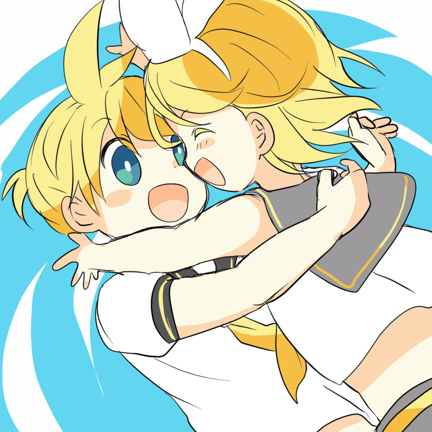 1boy 1girl 7:24 ^_^ aged_down bare_arms bare_shoulders black_sailor_collar blonde_hair blue_eyes blush_stickers bow brother_and_sister closed_eyes female_child glomp grey_sailor_collar hair_bow hair_ornament hairclip happy highres hug imminent_hug kagamine_len kagamine_rin male_child midriff mutual_hug neckerchief necktie sailor_collar sailor_shirt shirt short_sleeves shorts siblings sleeveless sleeveless_shirt smile twins vocaloid white_bow yellow_neckerchief yellow_necktie