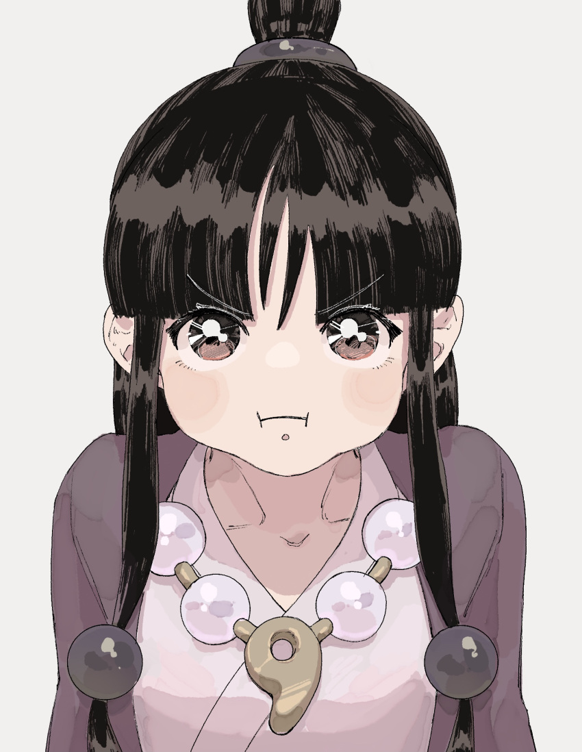 1girl ace_attorney bangs black_hair blush brown_eyes closed_mouth furrowed_brow grey_background highres jacket jewelry long_hair looking_at_viewer magatama maya_fey necklace omen_hohoho pout purple_jacket sidelocks simple_background solo upper_body