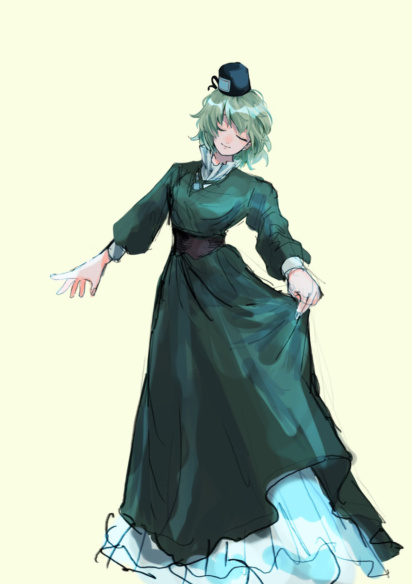 1girl ame_iru bangs black_headwear closed_eyes closed_mouth clothes_pull dress dress_pull facing_viewer full_body green_dress green_hair highres long_sleeves ofuda ofuda_on_clothes pulled_by_self short_hair simple_background soga_no_tojiko solo touhou yellow_background