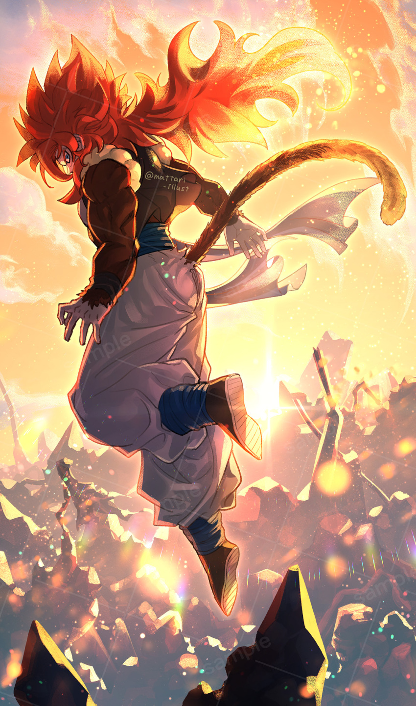 backlighting blue_eyes blue_sash brown_fur building city cityscape clouds cloudy_sky dragon_ball dragon_ball_gt fusion fusion_dance gogeta gradient_sky highres horizon landscape lens_flare long_hair mattari_illust metamoran_vest monkey_boy monkey_tail morning outdoors redhead sash scenery sky spiky_hair sun sunlight sunrise super_saiyan super_saiyan_4 tail