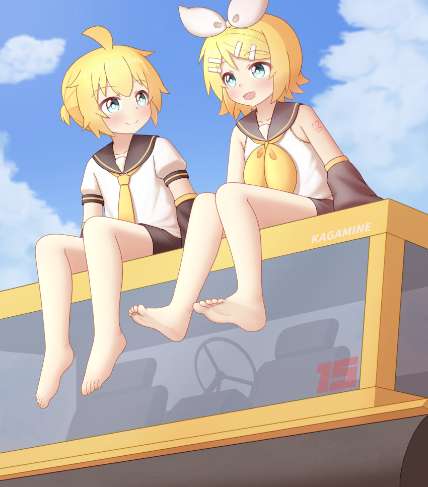 1boy 1girl ahoge barefoot blonde_hair blue_sky blush c031185c clouds feet hair_ornament hair_ribbon hairclip highres kagamine_len kagamine_rin ribbon siblings sitting sky soles steering_wheel toes twins vocaloid