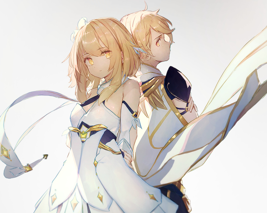 1boy 1girl aether_(genshin_impact) ahoge back-to-back bare_shoulders blonde_hair capelet dress feather_hair_ornament feathers flower gauntlets genshin_impact hair_between_eyes hair_flower hair_ornament hts21 lumine_(genshin_impact) scarf simple_background white_dress white_flower yellow_eyes